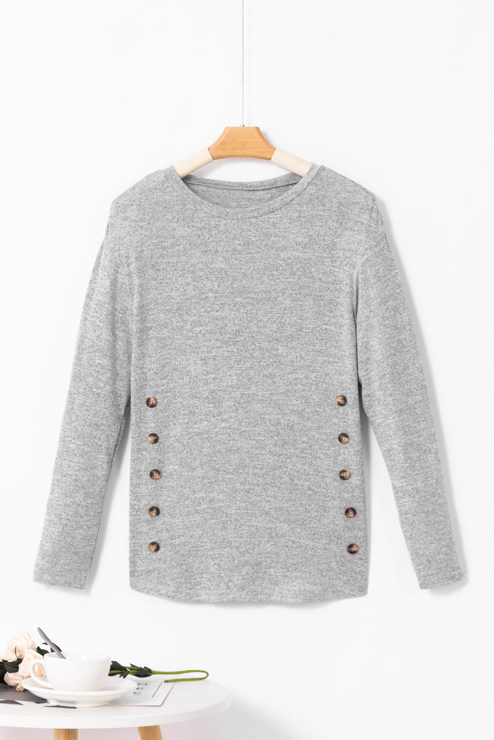 Decorative Button Round Neck Long Sleeve Top
