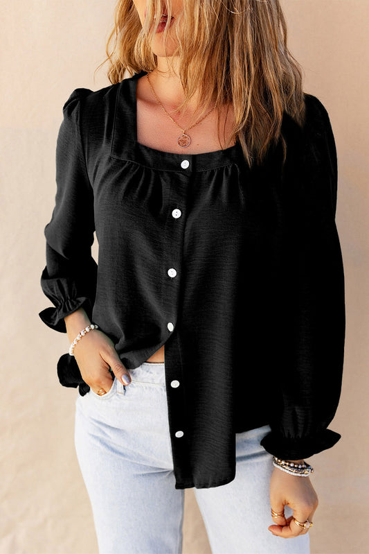 Button Up Square Neck Long Sleeve Blouse