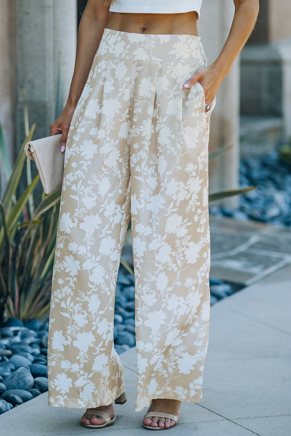 Floral High Waist Wide Leg Pants with Pockets