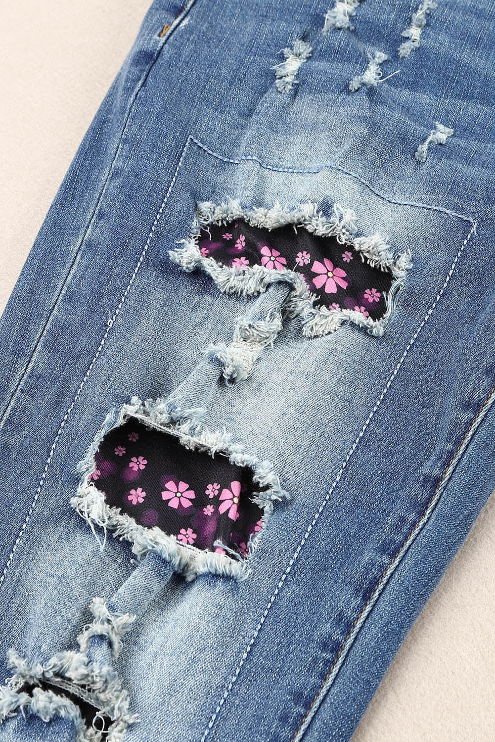 Floral Graphic Patchwork Distressed Jeans with Pockets