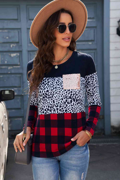 Leopard Color Block Long Sleeve T-Shirt