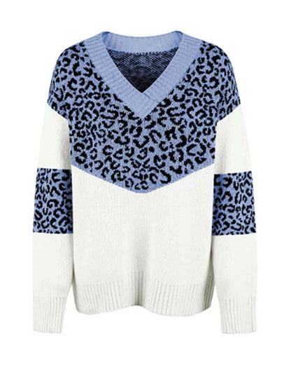 Leopard V-Neck Dropped Shoulder Sweater