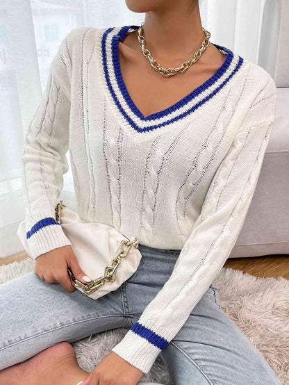 Woven Right Contrast V-Neck Cable-Knit Sweater