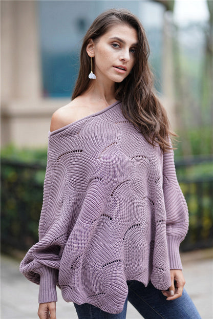 Openwork Boat Neck Sweater with Scalloped Hem
