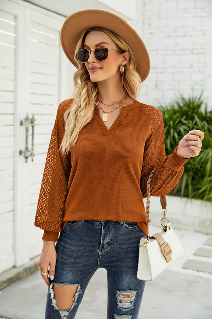 Waffle-Knit Spliced Lace Notched Top