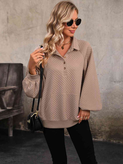 Collared Neck Buttoned Sweatshirt with Pocket