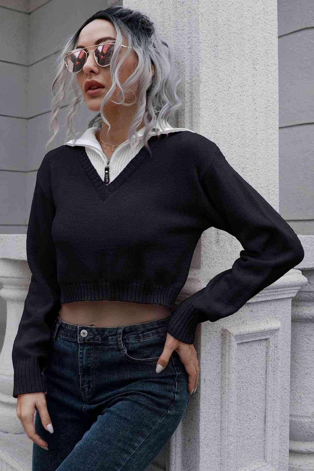Contrast Collared Cropped Sweater