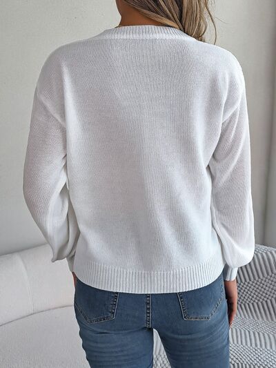 Cable-Knit V-Neck Lantern Sleeve Sweater