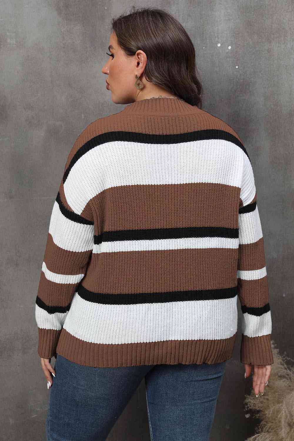 Plus Size Striped V-Neck Dropped Shoulder Sweater