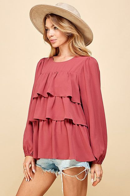 Solid And Front Ruffle Detail Long Sleeve Blouse