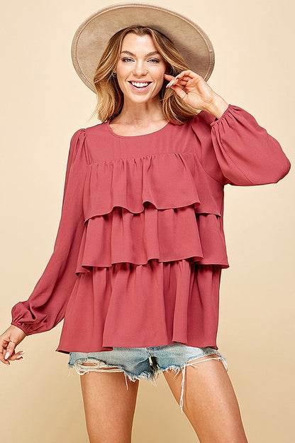 Solid And Front Ruffle Detail Long Sleeve Blouse