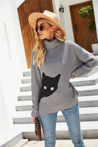 Cat Pattern Turtleneck Slit Sweater