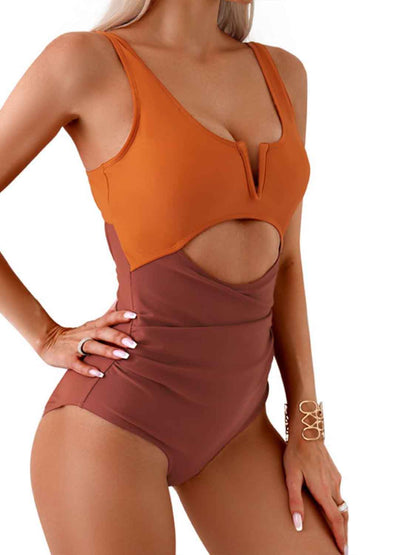 Tied Cutout Contrast One-Piece Swimwear