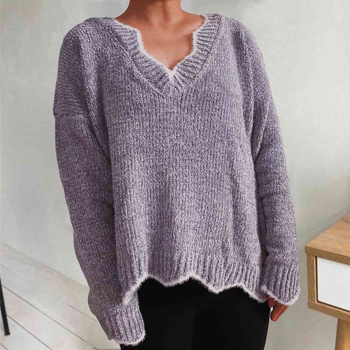 V-Neck Drop Shoulder Long Sleeve Sweater