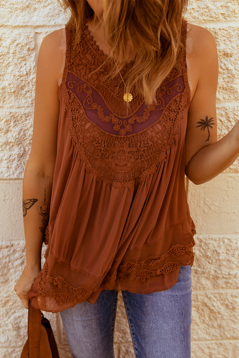 Lace Detail Button Back Sleeveless Top