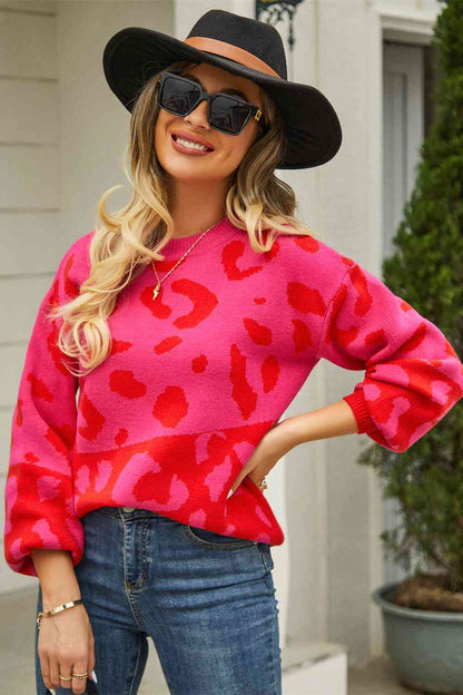 Woven Right Leopard Round Neck Dropped Shoulder Sweater