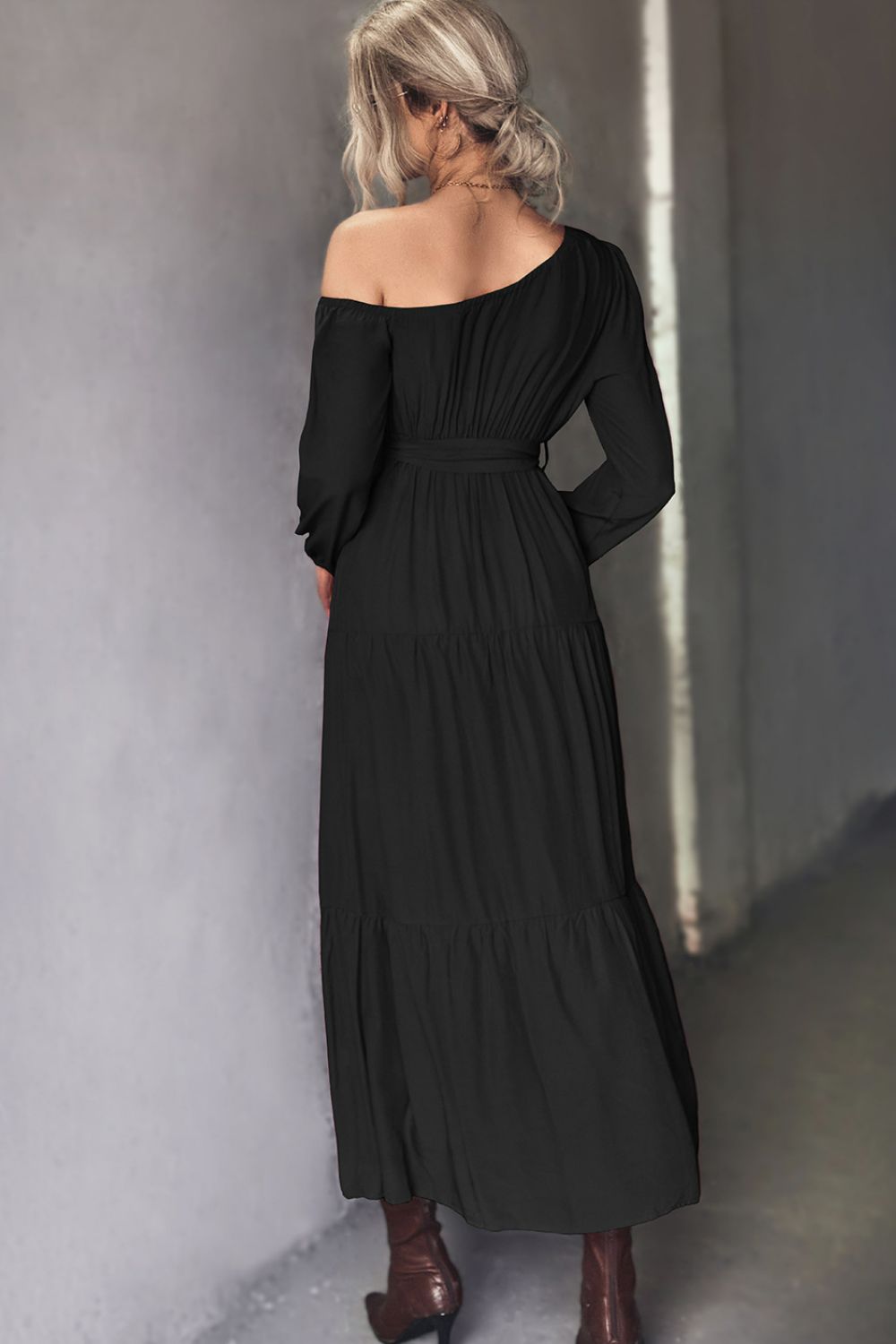 Belted One-Shoulder Tiered Maxi Dress