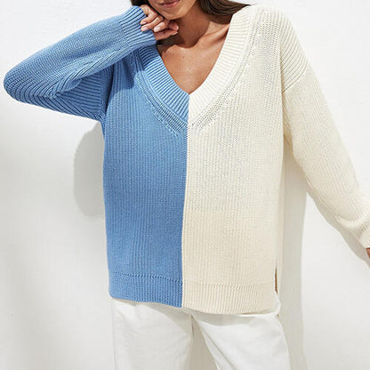 Contrast V-Neck Drop Shoulder Slit Sweater