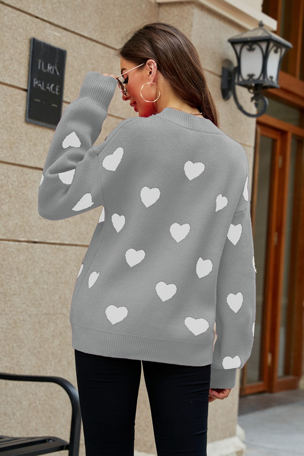 Heart Pattern Lantern Sleeve Round Neck Tunic Sweater