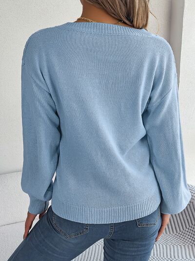 Cable-Knit V-Neck Lantern Sleeve Sweater