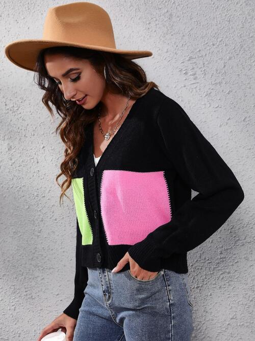 Color Block Button Up Long Sleeve Cardigan