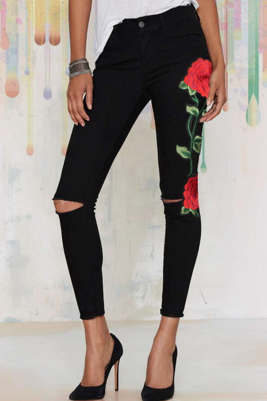 Full Size Rose Embroidery Cutout Jeans