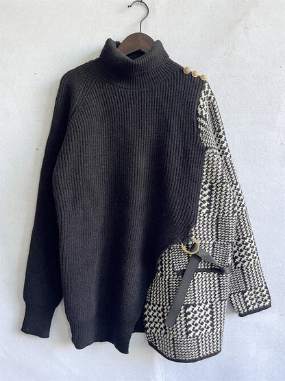 Houndstooth Turtleneck Long Sleeve Slit Sweater