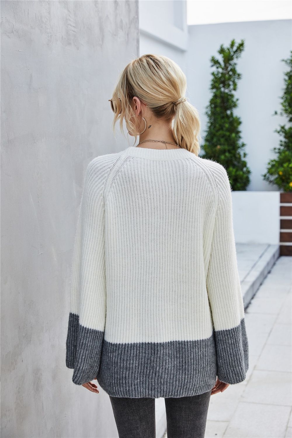 Two-Tone Raglan Sleeve Rib-Knit Sweater