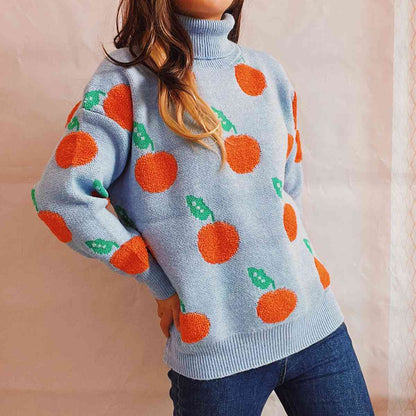 Fruit Pattern Turtleneck Dropped Sweater