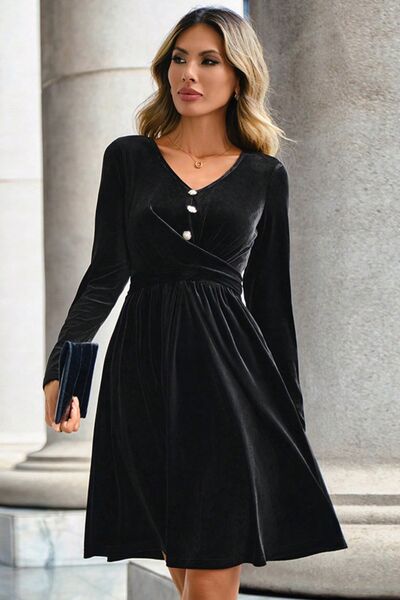 Ruched Decorative Button V-Neck Long Sleeve Dress