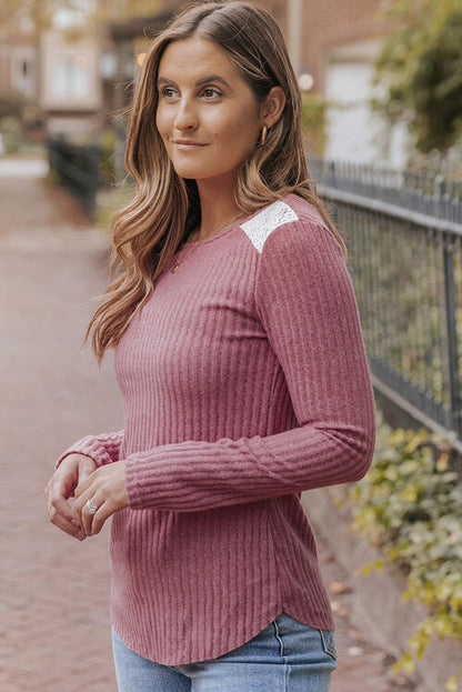 Ribbed Lace Detail Long Sleeve Knit Top