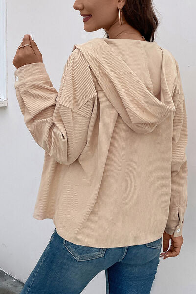 Ribbed Button Up Drawstring Hooded Jacket
