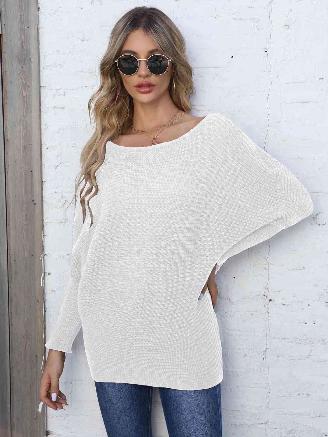 Full Size Horizontal Ribbing Dolman Sleeve Sweater