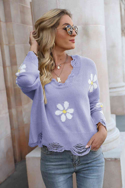 Flower Distressed Long Sleeve Sweater