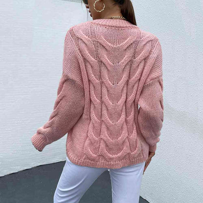 Cable-Knit Round Neck Long Sleeve Sweater