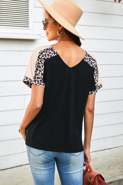 Leopard Sleeve Side Slit Tee-Shirt