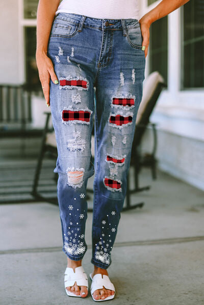 Plaid Snow Graphic Distressed Jeans