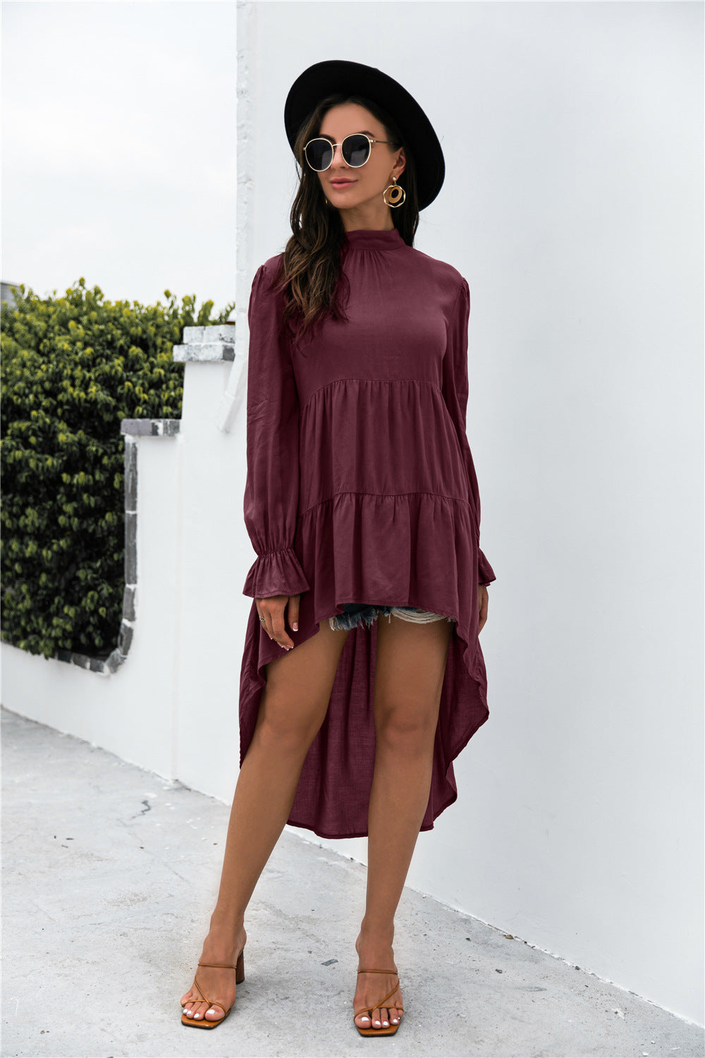 Solid Asymmetrical Patch Pleated Dress