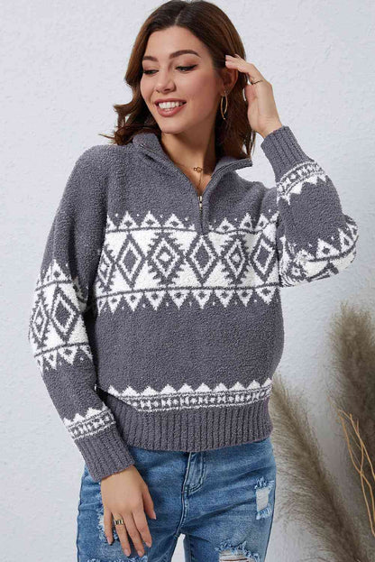 Zip-Up Geometrical Pattern Pullover Sweater