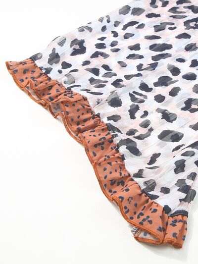 Plus Size Leopard Ruffle Trim Long Sleeve Blouse