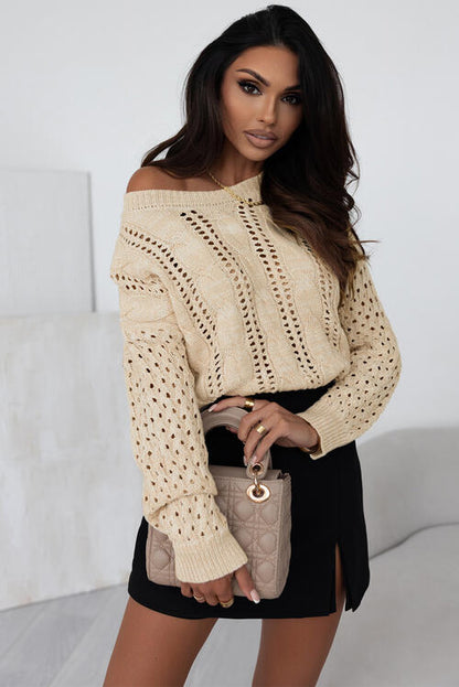 Full Size Openwork Cable-Knit Round Neck Knit Top