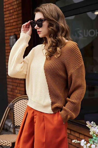 Double Take Two-Tone V-Neck Twisted Sweater