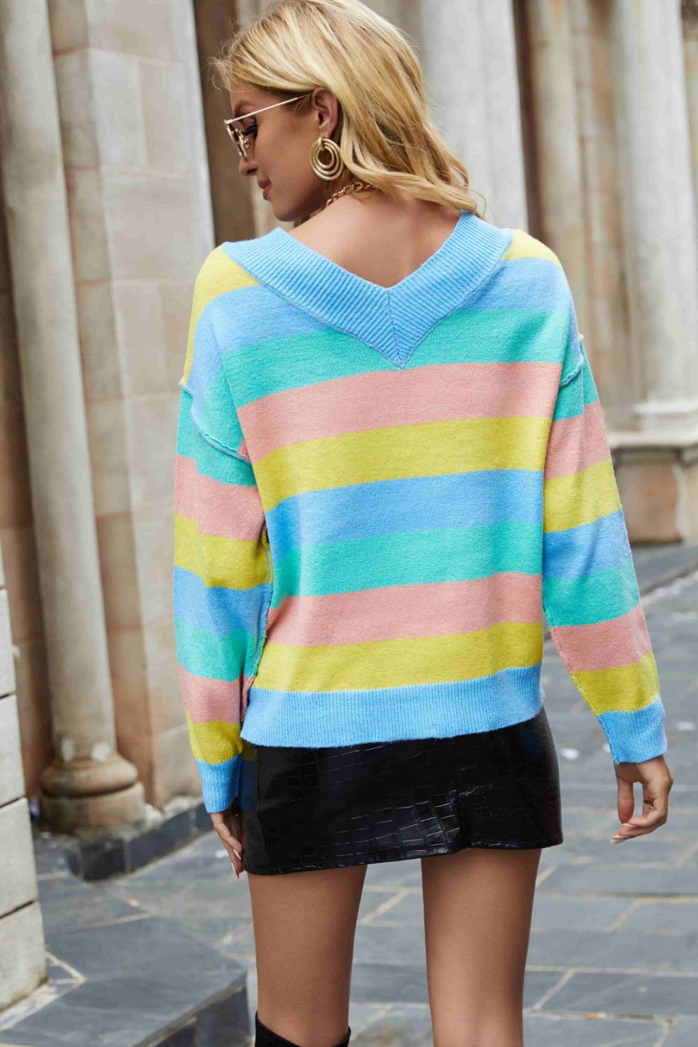 Rainbow Stripe Exposed Seam V-Neck Sweater