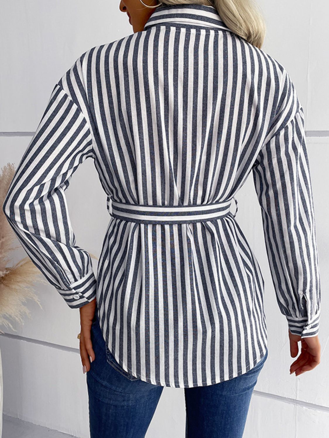 Striped Curved Hem Belted Shirt