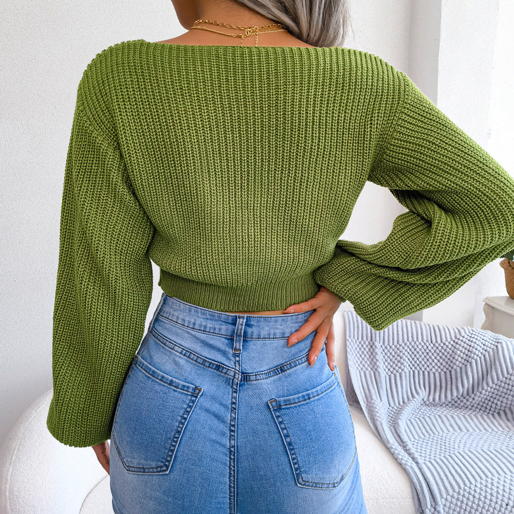 Tie-Front Rib-Knit Cropped Sweater