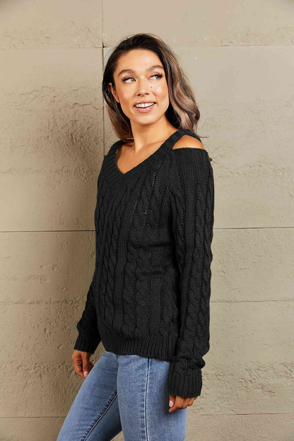 Woven Right Cable-Knit Cold-Shoulder Long Sleeve Sweater
