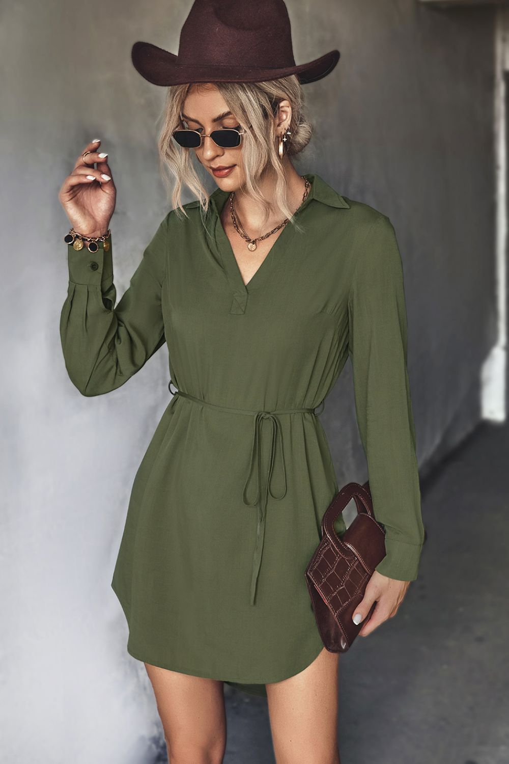 Belted Johnny Collar High-Low Shirt Dress