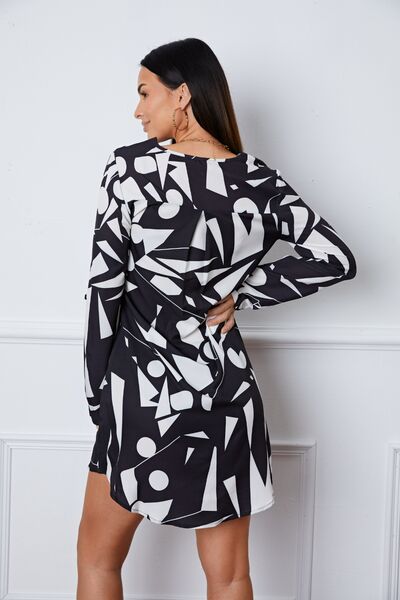 Geometric V-Neck Roll-Tab Sleeve Mini Dress