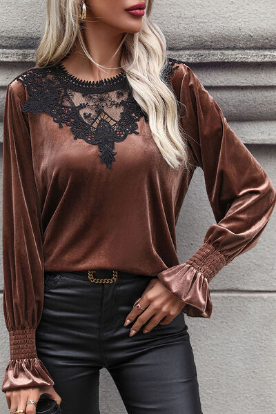 Lace Detail Round Neck Smocked Flounce Sleeve Blouse