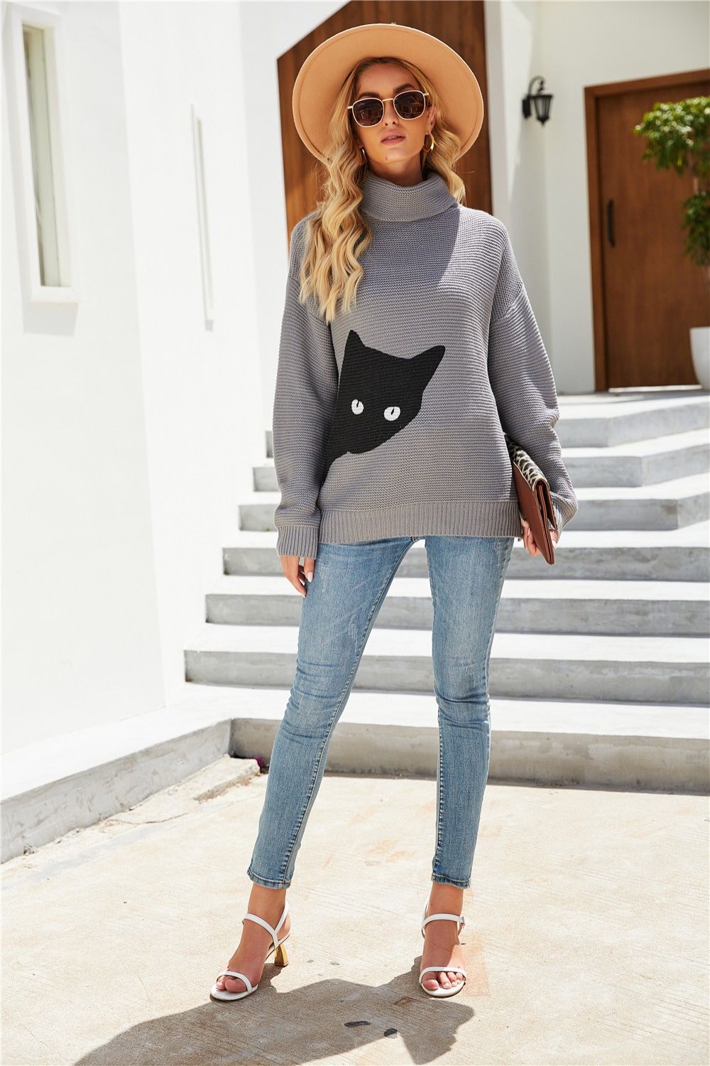 Cat Pattern Turtleneck Slit Sweater
